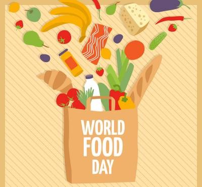 创意世界粮食日装满食物的购物袋矢量图