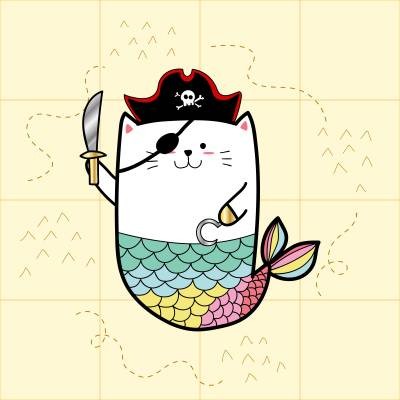 海盗猫美人鱼卡通插画