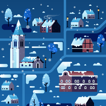 卡通冬季雪夜小城风景矢量素材