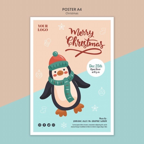 圣诞节快乐卡通企鹅海报设计