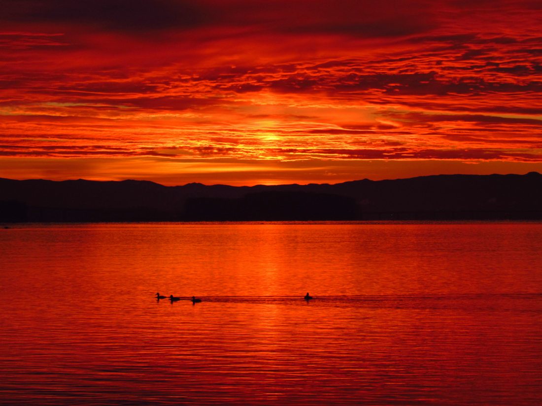 湖边红色日落图片