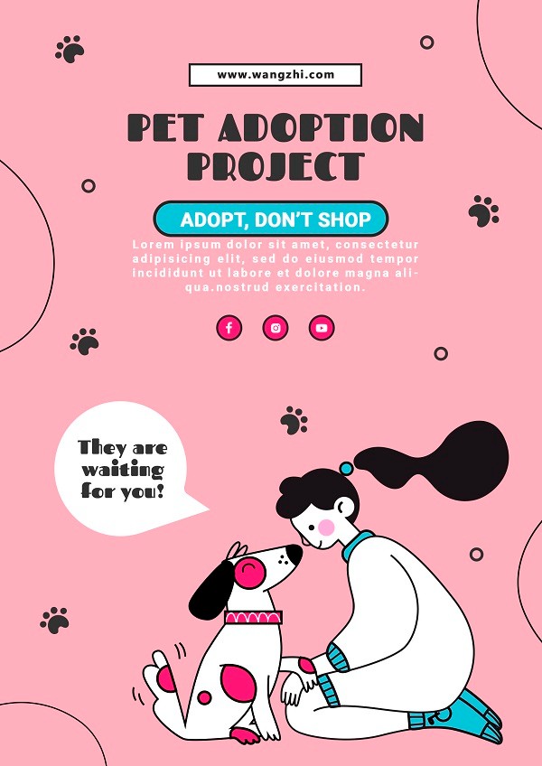粉色卡通宠物收养宣传海报设计