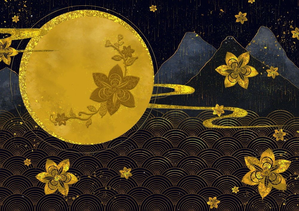 典雅鎏金山水明月装饰画设计