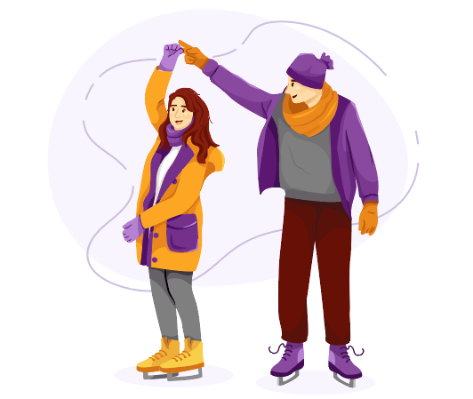 紫色卡通温馨情侣滑冰运动插画图片