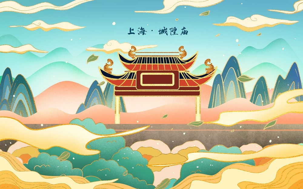 鍍金國潮風上海城隍廟地標文化墻設計