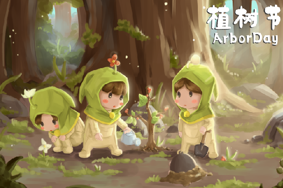 童话风卡通棕色森林女孩植树插画图片