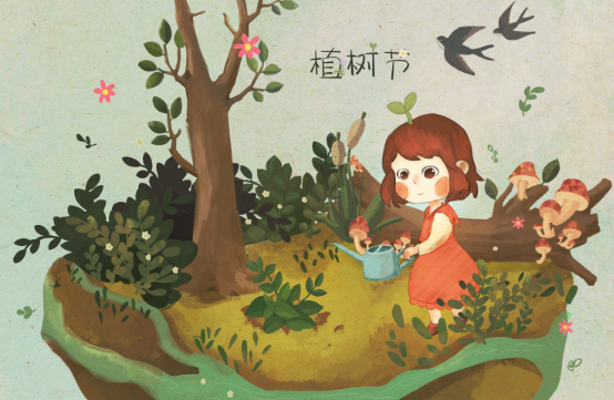 棕色卡通女孩浇水植树节插画图片