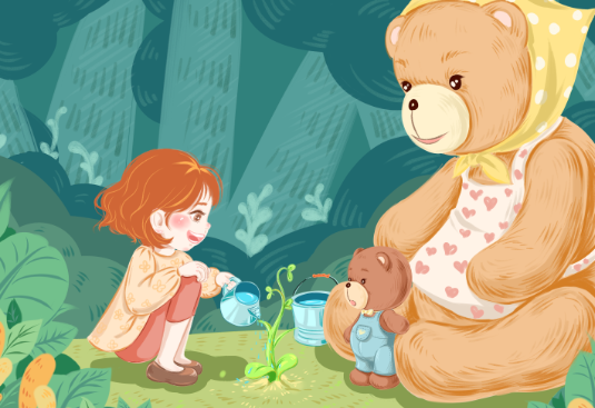 蓝色手绘可爱温馨小熊女孩植树插画图片