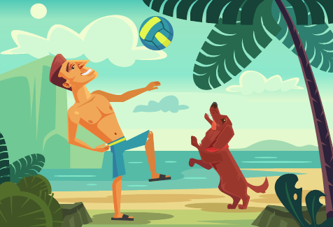 创意户外沙滩男子与红色宠物狗矢量素材