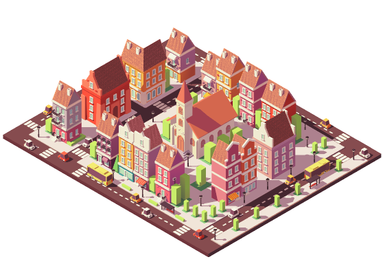 棕色卡通3D温馨小镇城市房子插画图片
