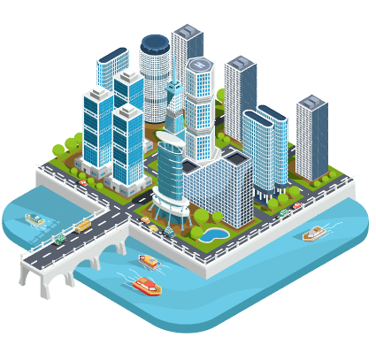 蓝色卡通3D城市轮船插画图片设计