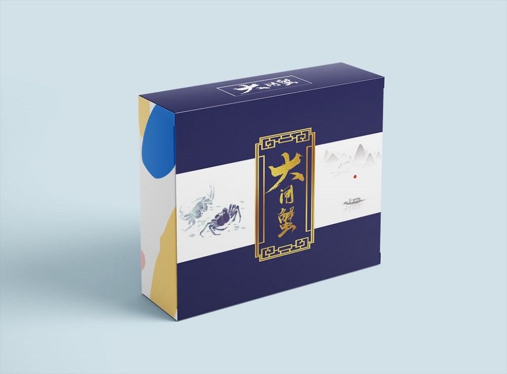 蓝色中国风立体大闸蟹礼盒包装设计