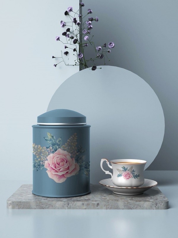蓝色优雅英式红茶茶叶罐包装设计