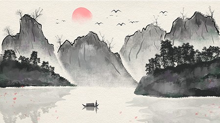 中国风水墨风山川河流景色插画