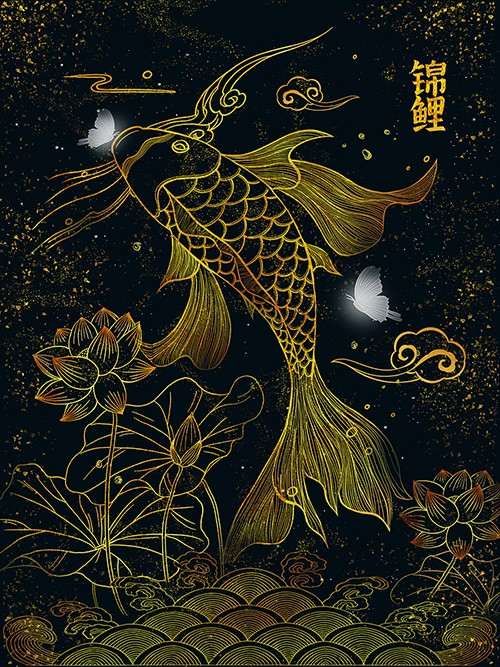 复古国潮中国传统文化锦鲤烫金插画