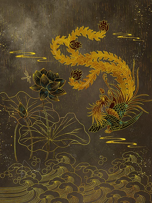 古风国潮中国神话凤凰烫金线条插画