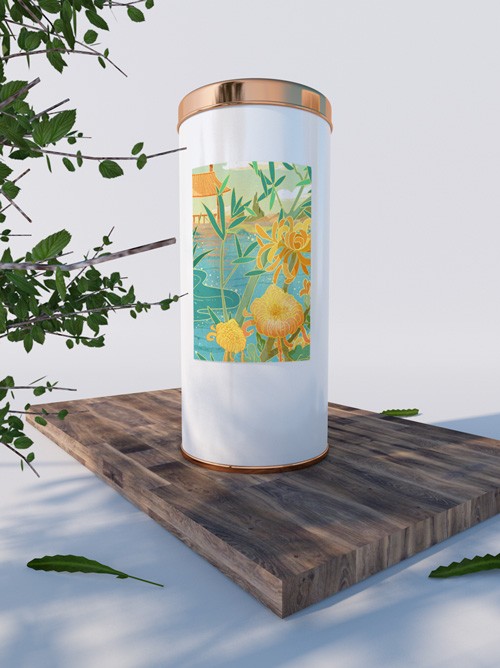菊花油画椭圆白瓷茶叶罐包装设计