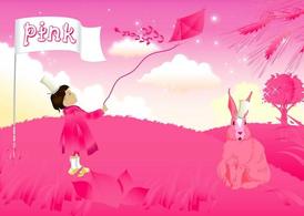 粉色卡通小女孩和兔子矢量素材