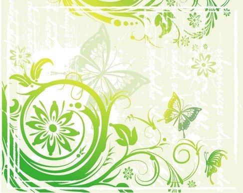 手绘绿色的花和蝴蝶矢量素材