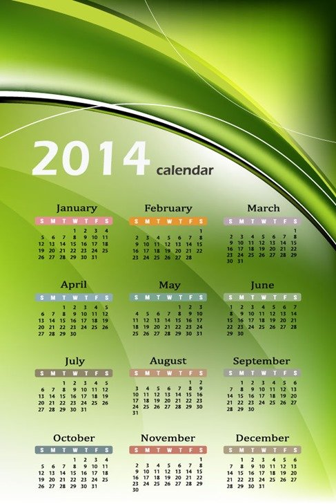日历2014年与抽象的绿色背景