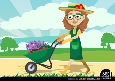 园丁女性携带植物通过手推车