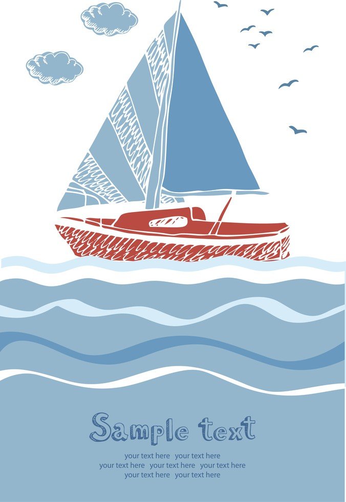 蓝色卡通帆船矢量潮流插画素材