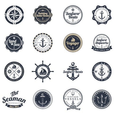 海洋和海洋标签邮票向量集