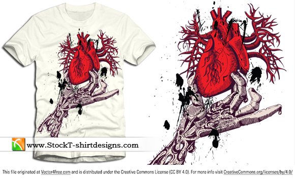 Skeleton Hand Holding Anatomical Red Heart with Free Tee Design