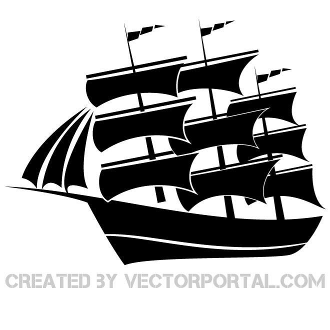 简约黑色三桅帆船剪影矢量素材