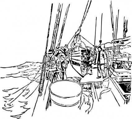 素描手绘风大船捕鱼矢量素材