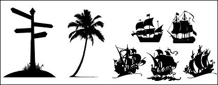 路标帆船椰子树剪影矢量素材
