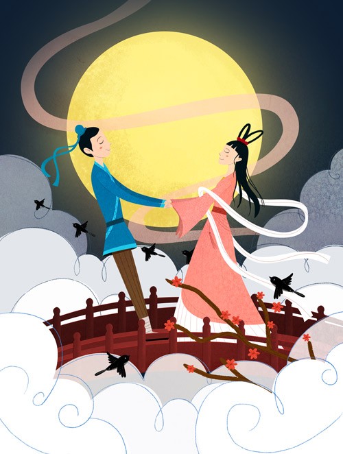 七夕月亮鹊桥的情人相会插画