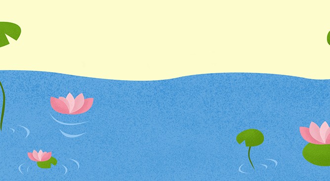 夏天夏至手绘卡通荷花池塘蓝色背景免抠素材