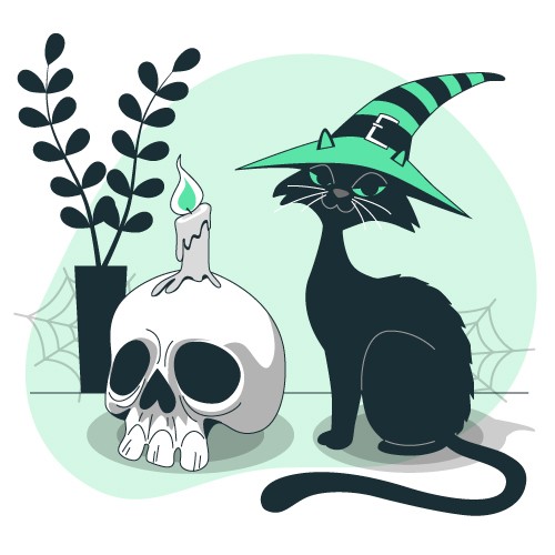 卡通黑猫女巫帽骷髅头蜡烛万圣节元素矢量素材