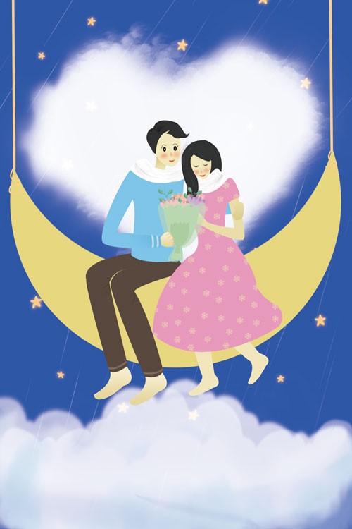 七夕月亮上约会的情侣插画