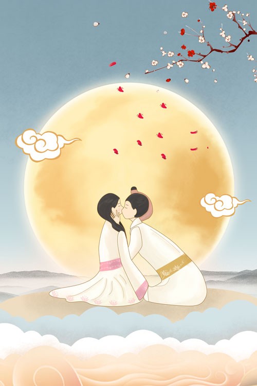 七夕情人节月亮前亲吻插画