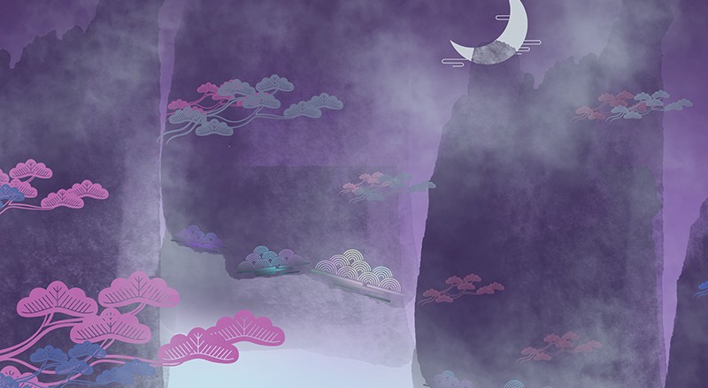 紫色中国风水墨山水松树游船背景免抠素材
