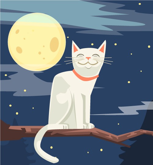 卡通彩绘月夜白猫矢量素材
