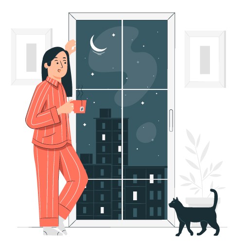 卡通简约窗外的夜女孩与猫矢量素材