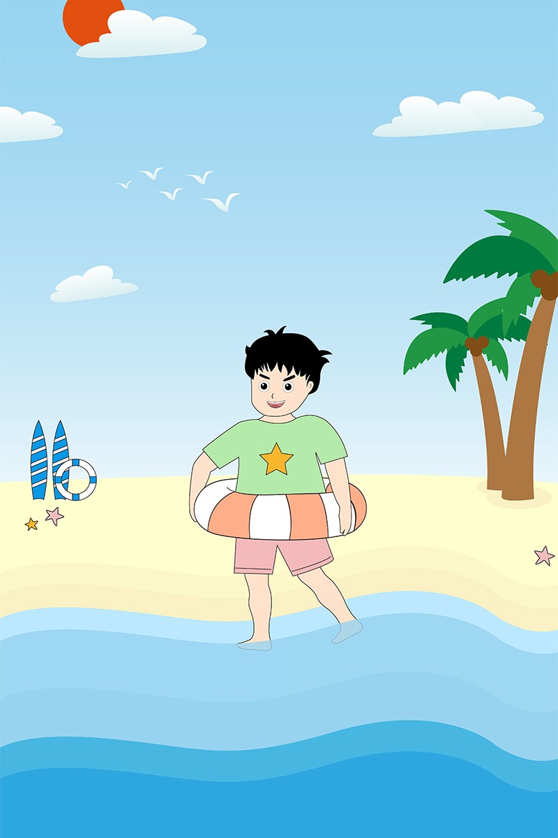 海边玩水的小男孩插画背景免抠素材