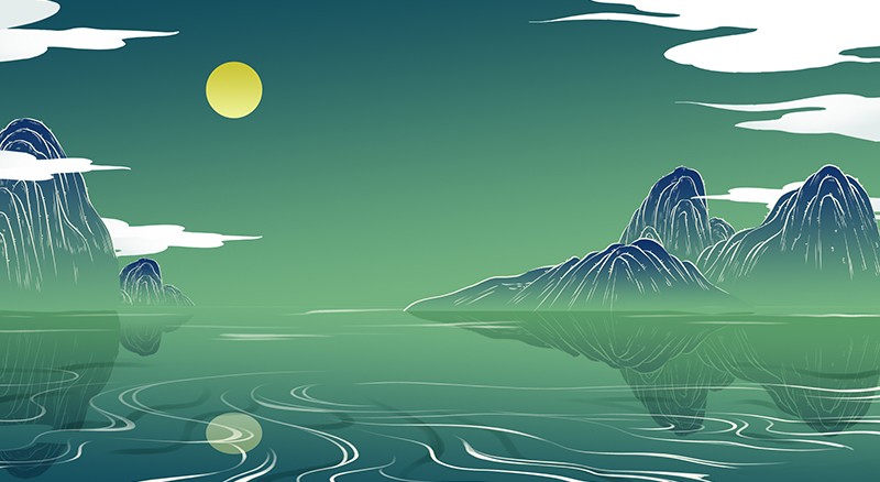 國潮手繪卡通綠色山水免摳背景
