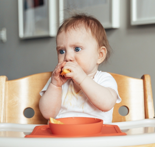 婴儿坐在宝宝椅上吃东西图片