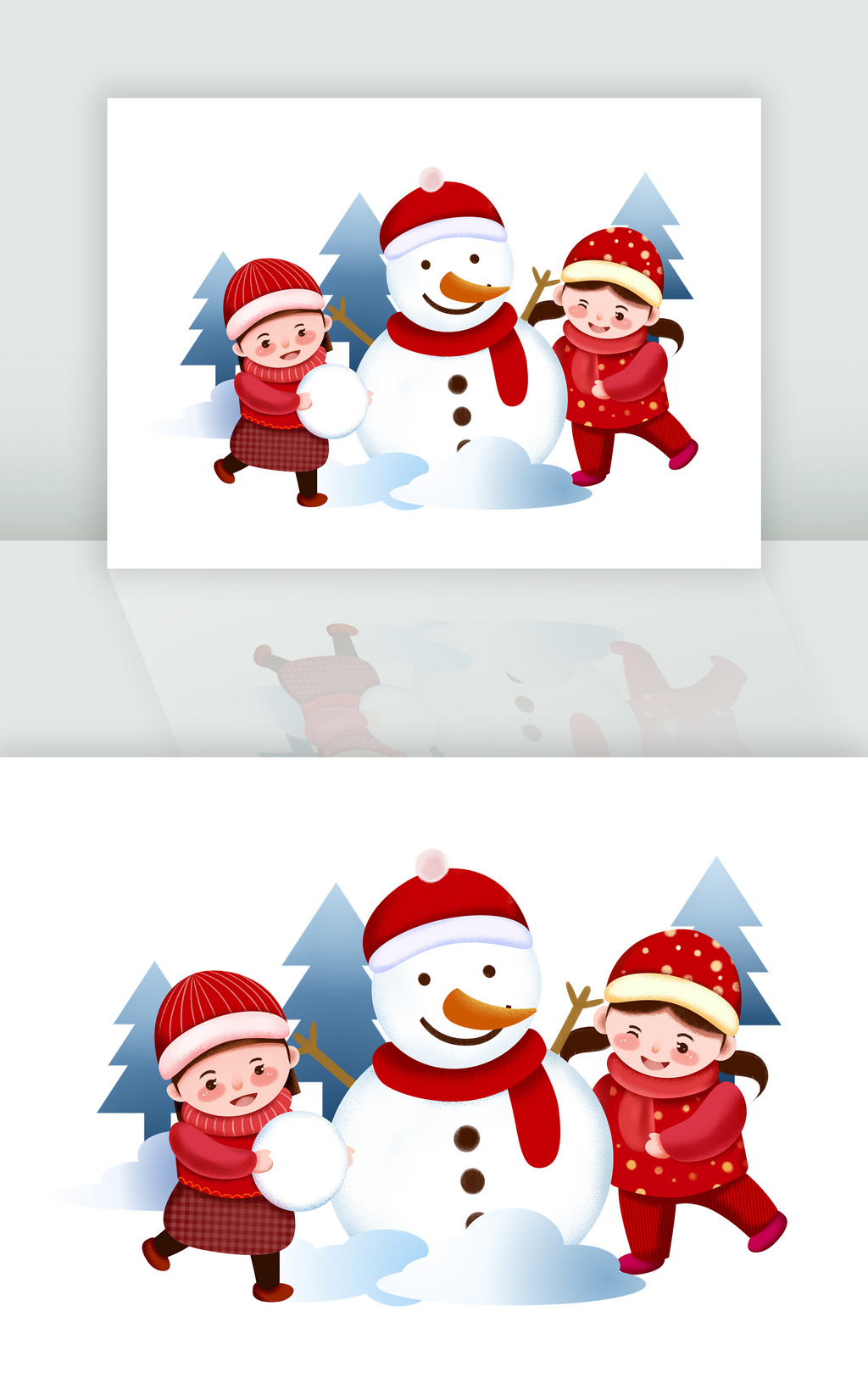 手绘雪天小朋友堆雪人新年圣诞插画