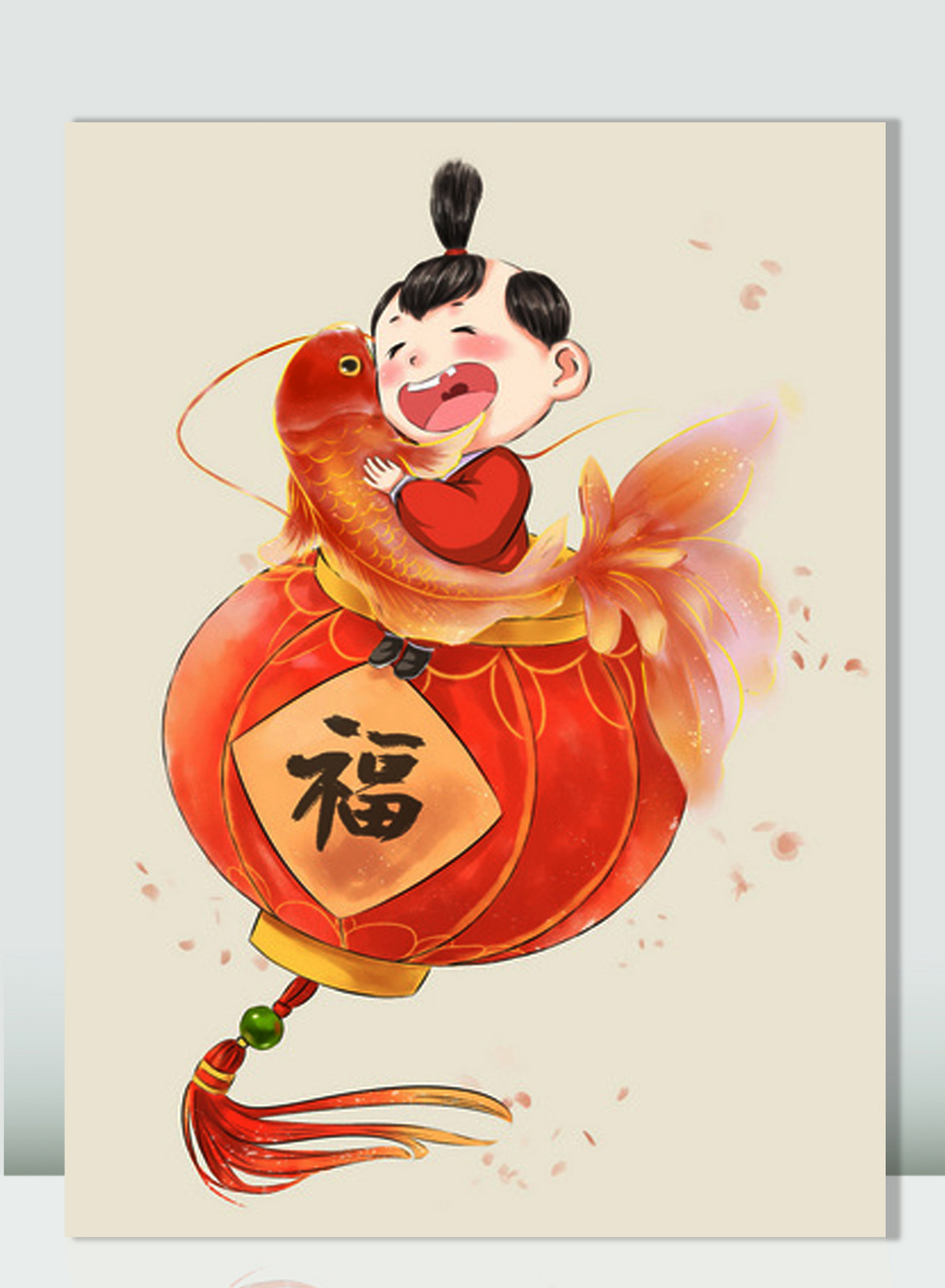 抱着金鲤的福娃红灯笼新年春节插画