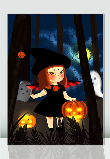 提着南瓜灯的小女巫手绘万圣之夜万圣节元素插画