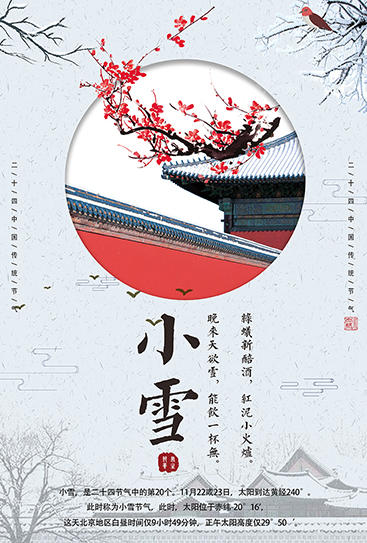 中国传统二十四节气小雪梅花雪景海报