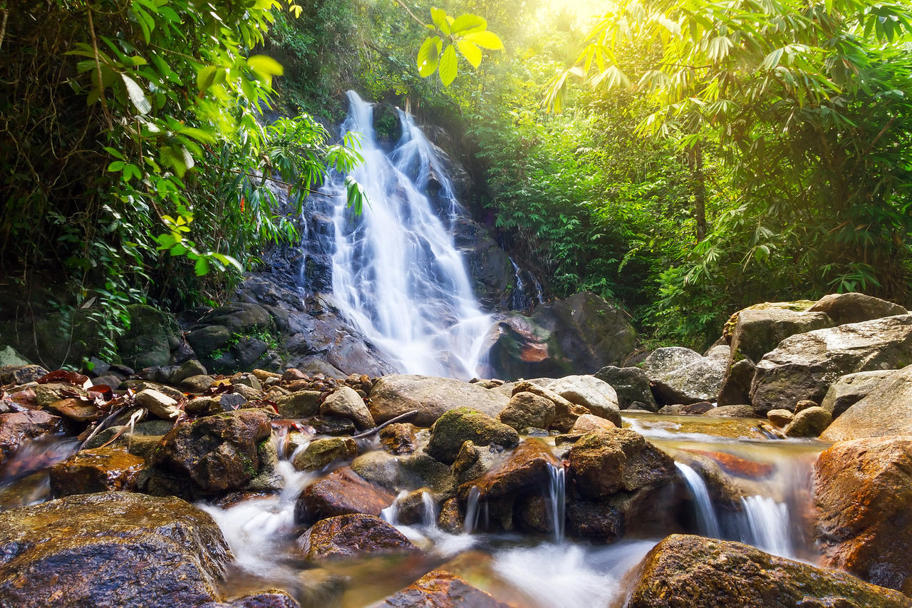 树林瀑布石头流水溪流美景景色风景泰国旅游