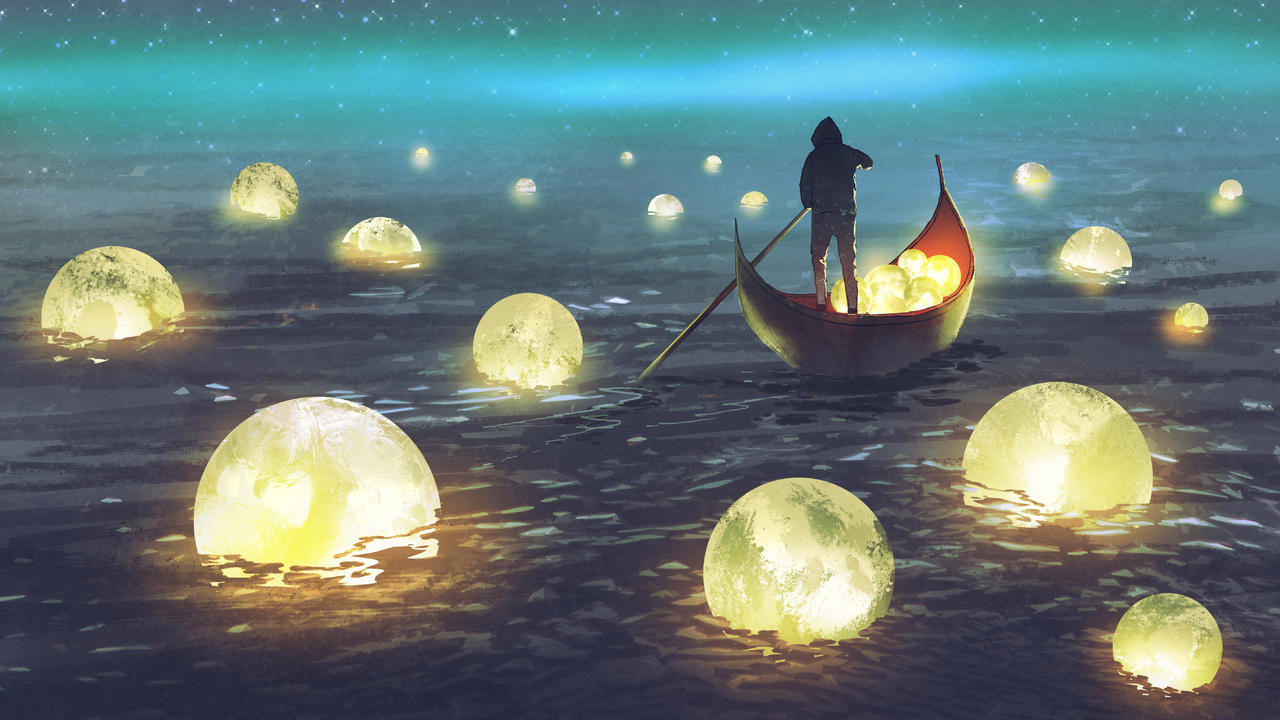在海上漂浮的许多发光的月亮的人的夜风景数字式艺术样式例证绘画月亮中秋节