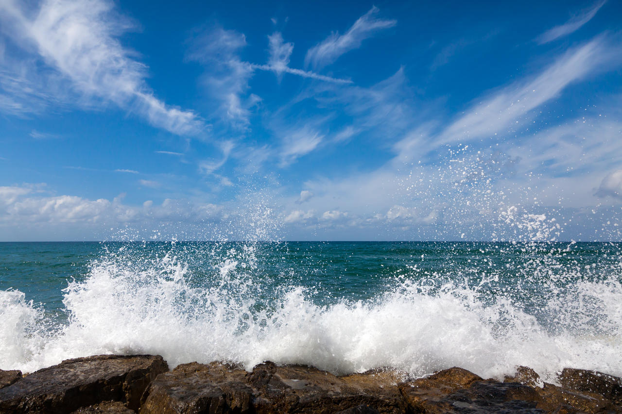 自然风景大气磅礴大海拍打岩石的浪花电脑壁纸风景图