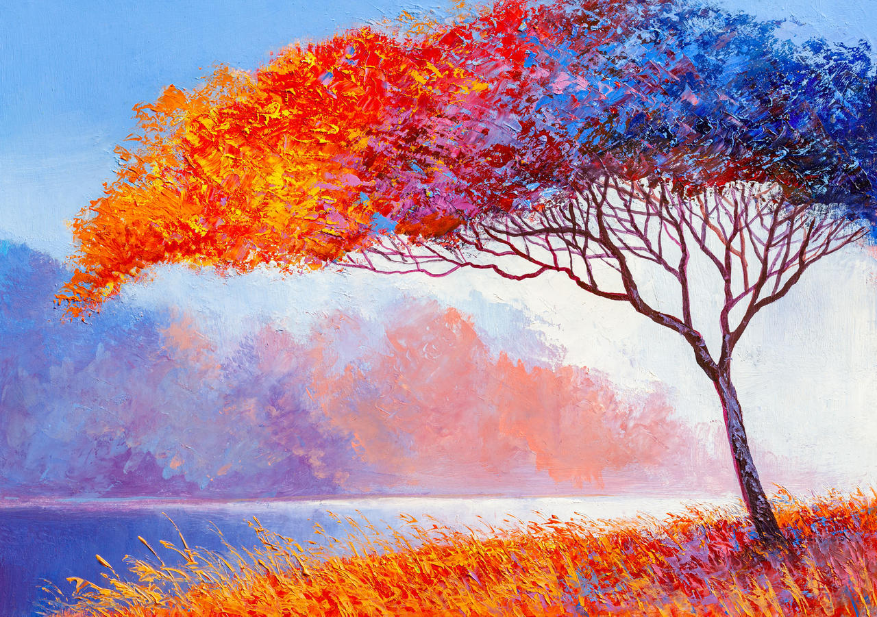 油画风景五彩缤纷的抽象树手绘印象派.